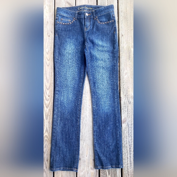 Y2K CACHE PREMIUM Straight Leg Baby Boot Dark Wash Studded Bling Retro Jeans!! - Picture 2 of 10